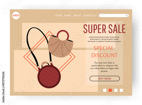 Bag sale. Shopping landing page. Fashionable accessory. Trendy leather purse. Handbag discount. Stylish tote. Casual shopper. Boutique special offer marketing. Store website vector design template