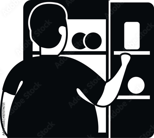Overweight man opening refrigerator door reaching for food, symbolizing hunger and unhealthy eating
