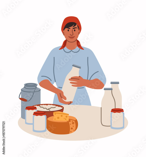 Local farm. Farmer selling milk at stall. Female at market kiosk. Milkman booth shop. Organic food. Natural farming dairy products. Woman with cottage cheese and sour cream bottles. Vector concept