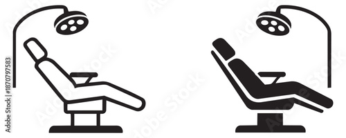 Medical icon set featuring a line art and solid dental chair with overhead lamp for healthcare concepts