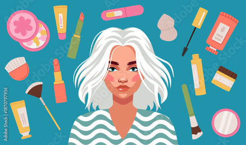 Woman makeup. Beauty cosmetics. Girl face. Skin moisturizing cream. Lipstick and mascara. Female portrait. Foundation and powder. Skincare products. Lotion bottle. Facial procedure. Vector concept