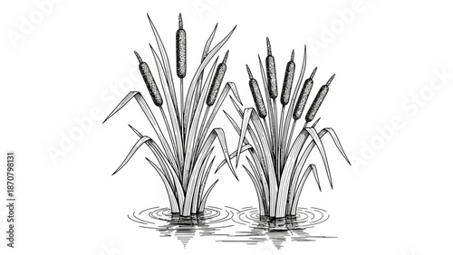 Illustration of cattails growing in a serene water environment from a straightforward viewpoint