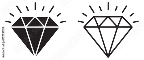 Modern graphic diamond icon set featuring solid and line art sparkling designs for jewelry, luxury, and success concepts