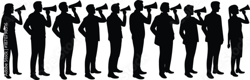 Group of Silhouetted People Holding Megaphones in a Line silhouettes black
