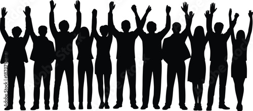 Group of Silhouetted People Raising Their Arms in Celebration Against a White Background silhouettes