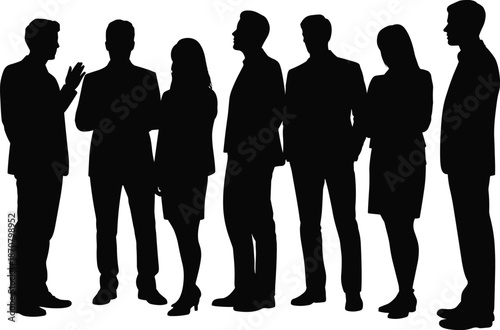 Seven black silhouettes of people standing and conversing in a group