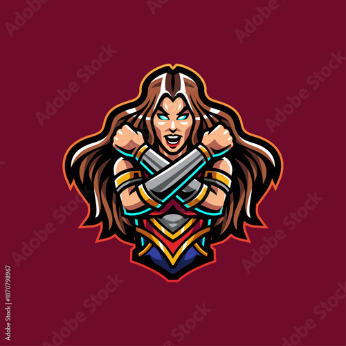 Powerful Female Warrior Mascot Logo with Glowing Eyes and Crossed Arm Bracers - Strong Superhero Woman Vector Illustration for Esports Gaming and Sports Branding