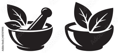 Graphic herbal remedy set featuring a mortar and pestle and leaves for natural health and wellness