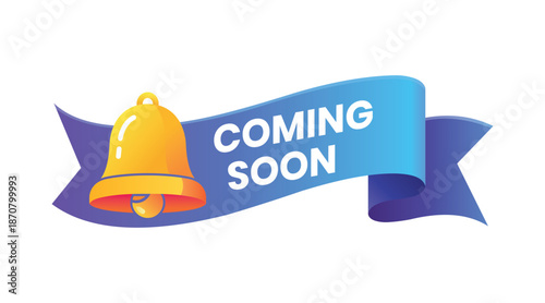 "Coming Soon" E-Commerce Ribbon Badge with Bell Notification, Blue Gradient Flat Style, New Arrival Ribbon, Store Marketing Graphic, Editable Vector File