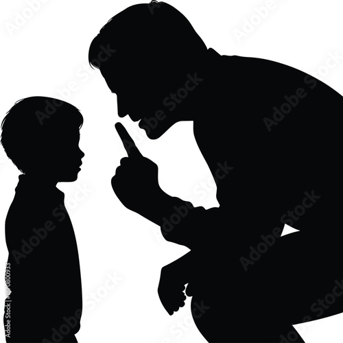 Silhouette of an pointing finger at a child standing in front of them black white