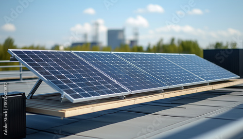Modern solar panels lean on building wall. Capture bright sunlight, generating clean energy. Black power storage battery unit collects