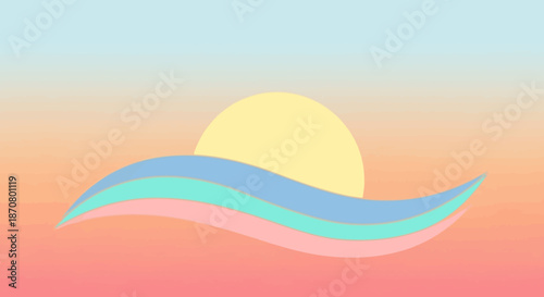Minimalist Sunrise or Sunset Scene with Soft Gradient Sky and Abstract Waves