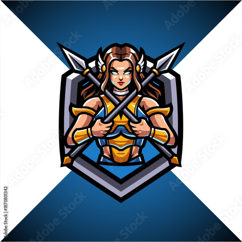 Powerful Valkyrie Female Warrior Mascot Logo with Crossed Spears and Silver Shield - Nordic Goddess Vector Illustration for Esports and Sports Branding
