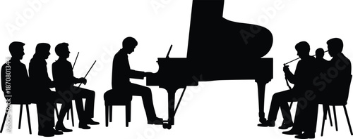 Silhouette of musicians playing instruments including a grand piano and wind instruments in a musical performance