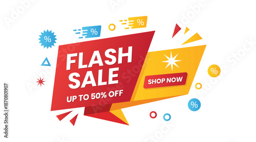 Flash Sale E-Commerce Ribbon Badge with "Up to 50% Off" and "Shop Now Messages", Yellow and Red Gradient, Discount Label, Offer Tag, Editable Vector
