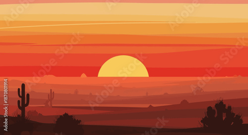Desert Sunset with silhouettes of cacti and mountains in warm orange hues and a setting sun