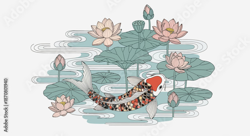 Beautiful watercolor illustration of a koi fish swimming among lotus flowers and lily pads in a