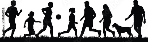 Silhouettes of a family running with a dog and a ball on a grassy field