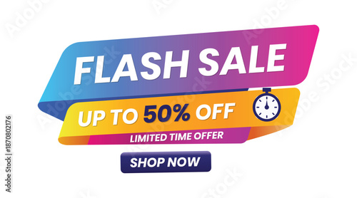 Flash Sale E-Commerce Ribbon Badge with "Up to 50% Off" and "Shop Now Messages", Yellow and Purple Gradient, Limited Time, Sale Highlight, Editable Vector