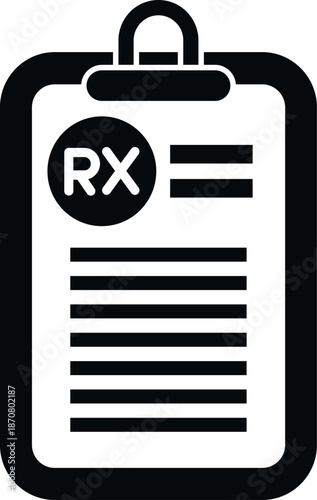 Clipboard holding a document with the rx symbol, indicating a medical prescription