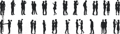 Silhouettes of couples in various romantic poses against a white background