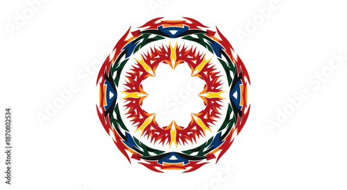 Intricate circular tribal pattern featuring sharp red yellow and green tones