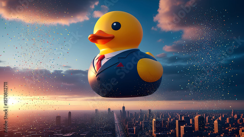 A surreal rubber duck wearing a business suit floats among clouds, confetti, rain, and a rainbow, blending whimsy, imagination, corporate humor, and dreamy fantasy atmosphere.
