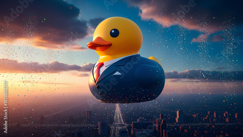 A surreal rubber duck wearing a business suit floats among clouds, confetti, rain, and a rainbow, blending whimsy, imagination, corporate humor, and dreamy fantasy atmosphere.
