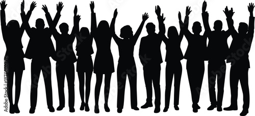 Silhouettes of diverse people with raised arms in a celebratory pose against a white background