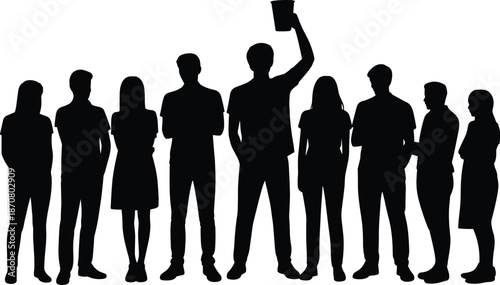 Silhouettes of diverse people standing together with one holding a bucket group