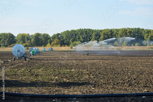 self-propelled irrigation system for industrial irrigation of agricultural fields. irrigation and fertilization of fields with growing crops. irrigation and melioration