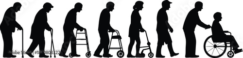 Silhouettes of elderly people using mobility aids including canes, walkers, and wheelchairs