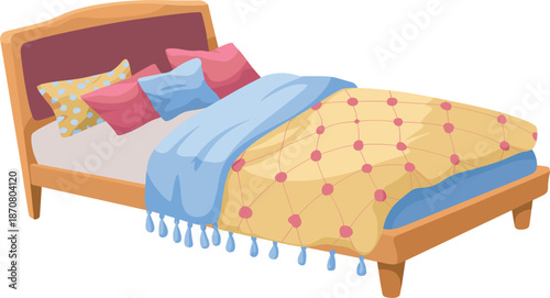 Modern colorful bed vector illustration, cozy bedroom furniture with patterned pillows and blanket, home interior decor element