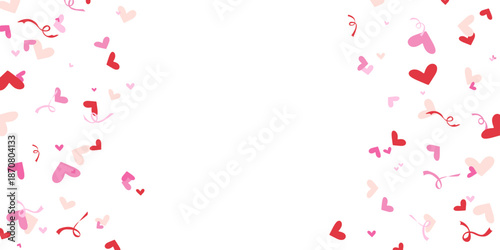 Heart confetti festive banner. Pink and red hearts flying on white background. Valentines Day design for greeting card, poster, invitation. Vector illustartion with copy space.