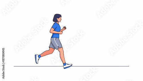 Female runner in mid-stride with blue T-shirt, gray shorts, and blue athletic shoes on a light gray background
