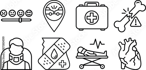 Set of 8 medical and healthcare line icons vector illustration, including broken bone, first aid kit, car accident location, patient on stretcher, human heart, neck brace
