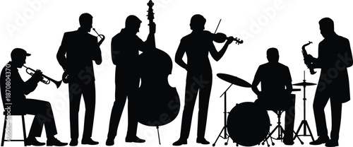 Silhouettes of musicians playing various instruments including trumpet saxophone violin bass guitar and drums