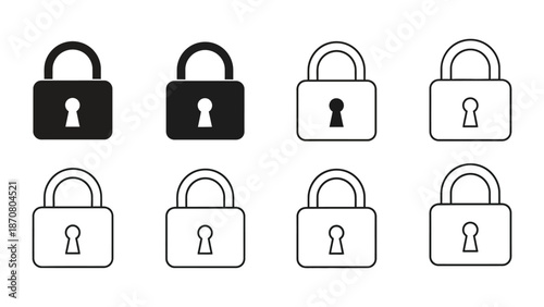 Set of eight padlock icons in solid and outline styles representing security