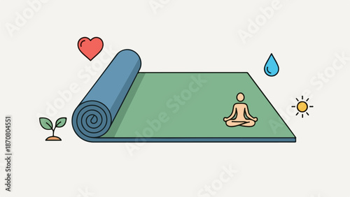 Minimalist yoga and mindfulness illustration with yoga mat, plant, and wellness icons
