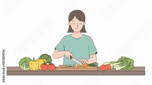 Woman slicing green onions on a wooden cutting board with fresh produce in the foreground