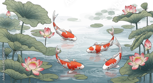 Elegant watercolor depiction of koi fish swimming among lotus flowers in tranquil pond scene