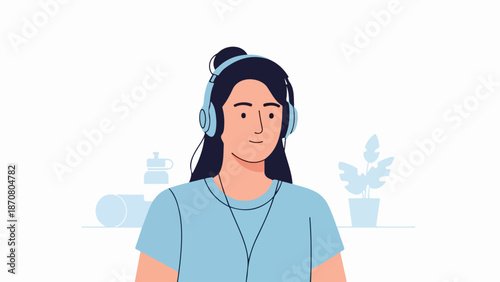 Portrait of a young woman with dark hair in a ponytail wearing a light blue t-shirt and headphones
