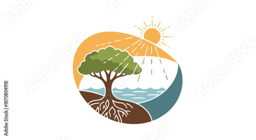 Illustration of a large tree near the water under a bright sun with a scenic landscape