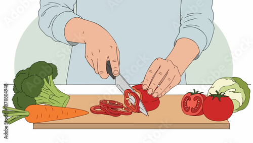 Woman slicing red bell pepper on wooden cutting board with fresh vegetables