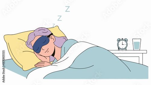 Woman sleeping peacefully in bed with a blue blanket and sleep mask, yellow pillow, and nightstand with an alarm clock and glass of water