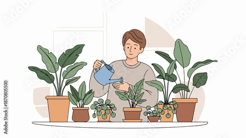 Young man waters indoor houseplants on a white table in a bright minimalist setting