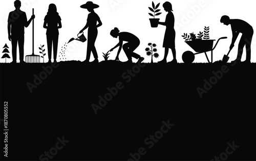Silhouettes of people gardening with tools and plants on a white background 1