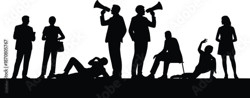 Silhouettes of people in various poses including standing holding megaphones and sitting on the ground