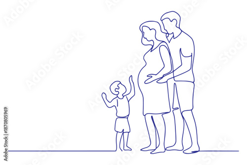 Minimalist Line Drawing of Expecting Family with Child