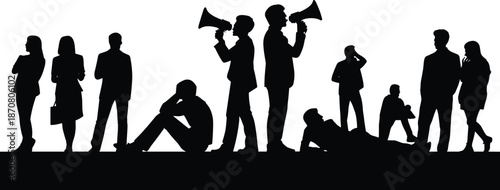 Silhouettes of people in various poses including standing talking holding megaphones and sitting on the ground